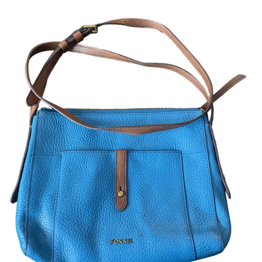 Fossil Blue Crossbody Bag with Brown Straps